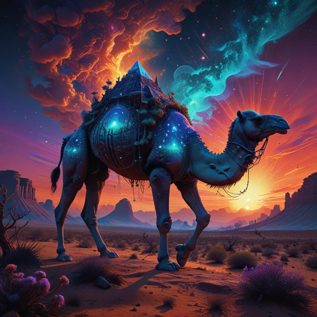 Vibrant Cosmic Camel Emerge from African Sunset