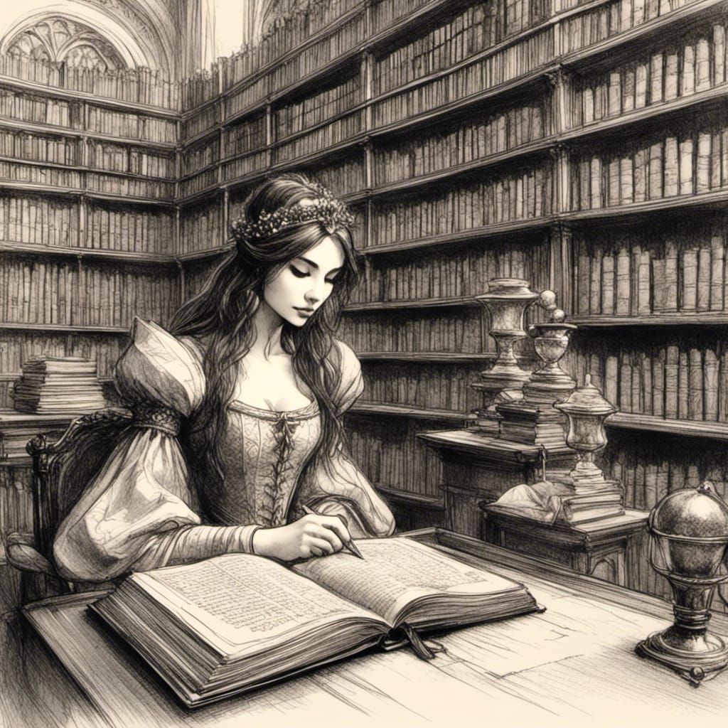 Medieval Maiden Taking Notes: Library Sketch