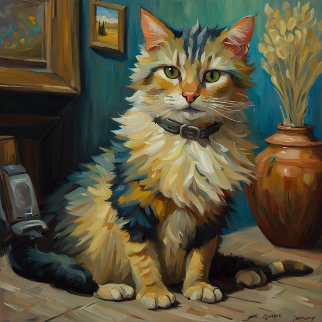 Kemono Cat Painting in Van Gogh Style
