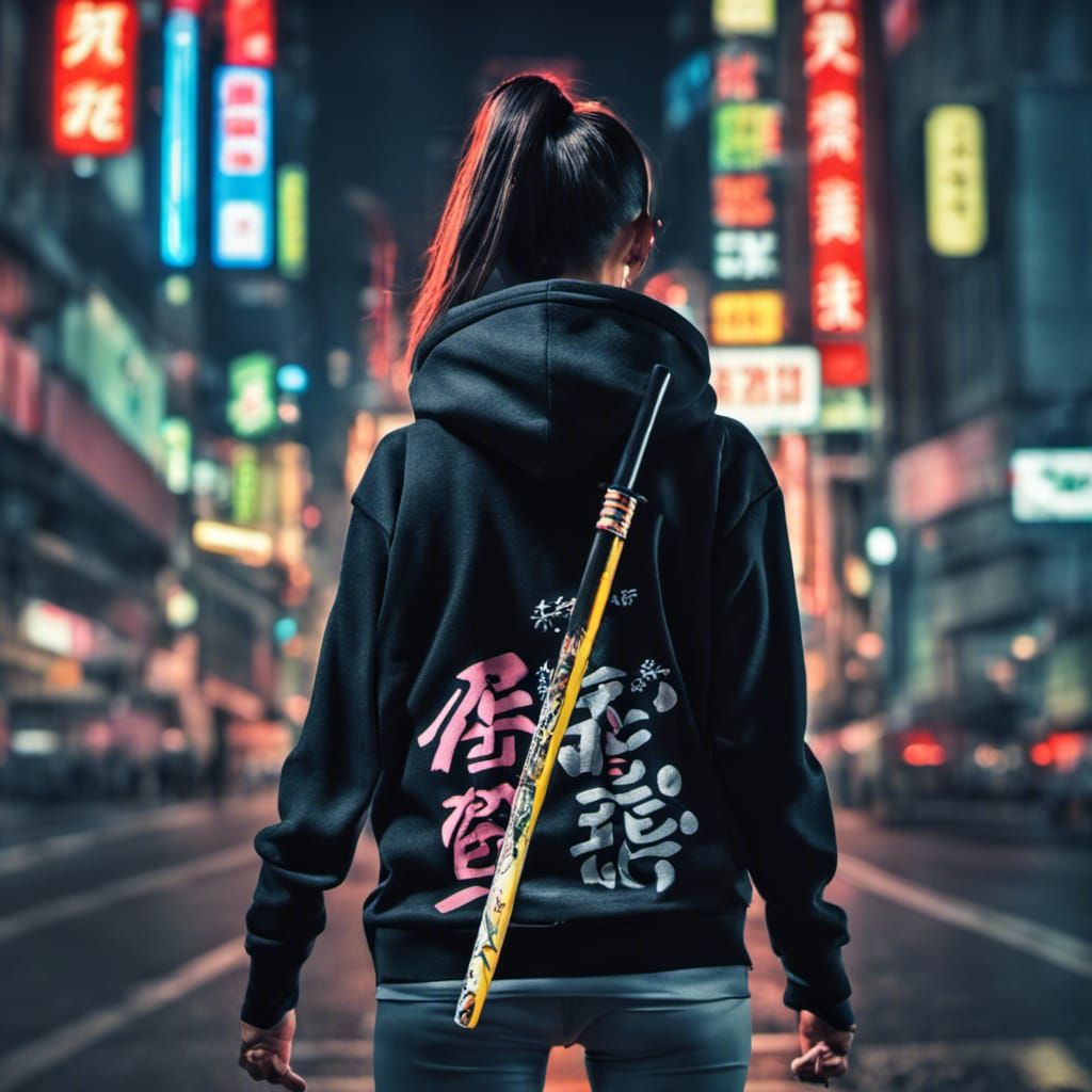 Woman with Katanas in Neon Tokyo: Hyperrealistic HDR