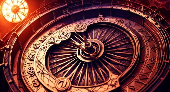 magic complex devide in shape of a clock with clock-hand pointers pointing number in magic circles, and magic runes in c...