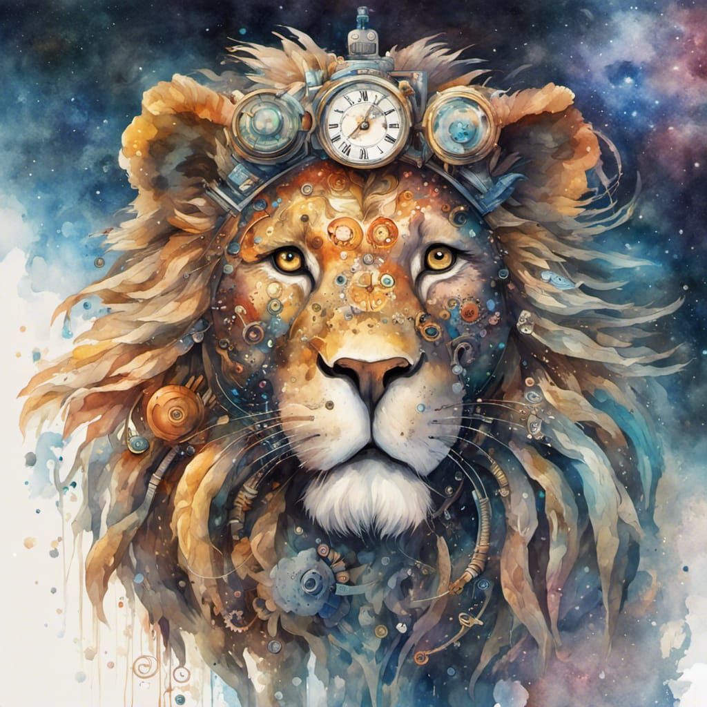 Clockwork Robot Lion in Space: Alla Prima Watercolor