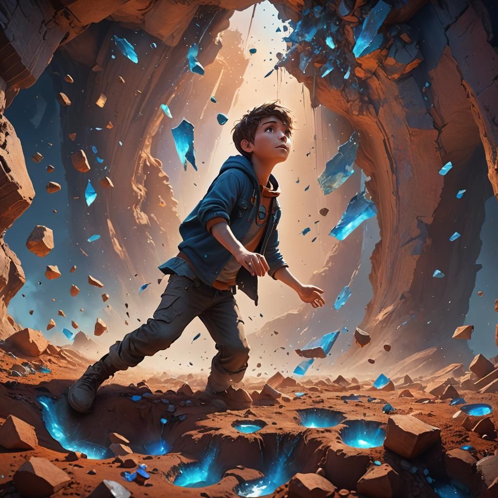 Fantasy Boy Falling Through Floating Earth Fragments