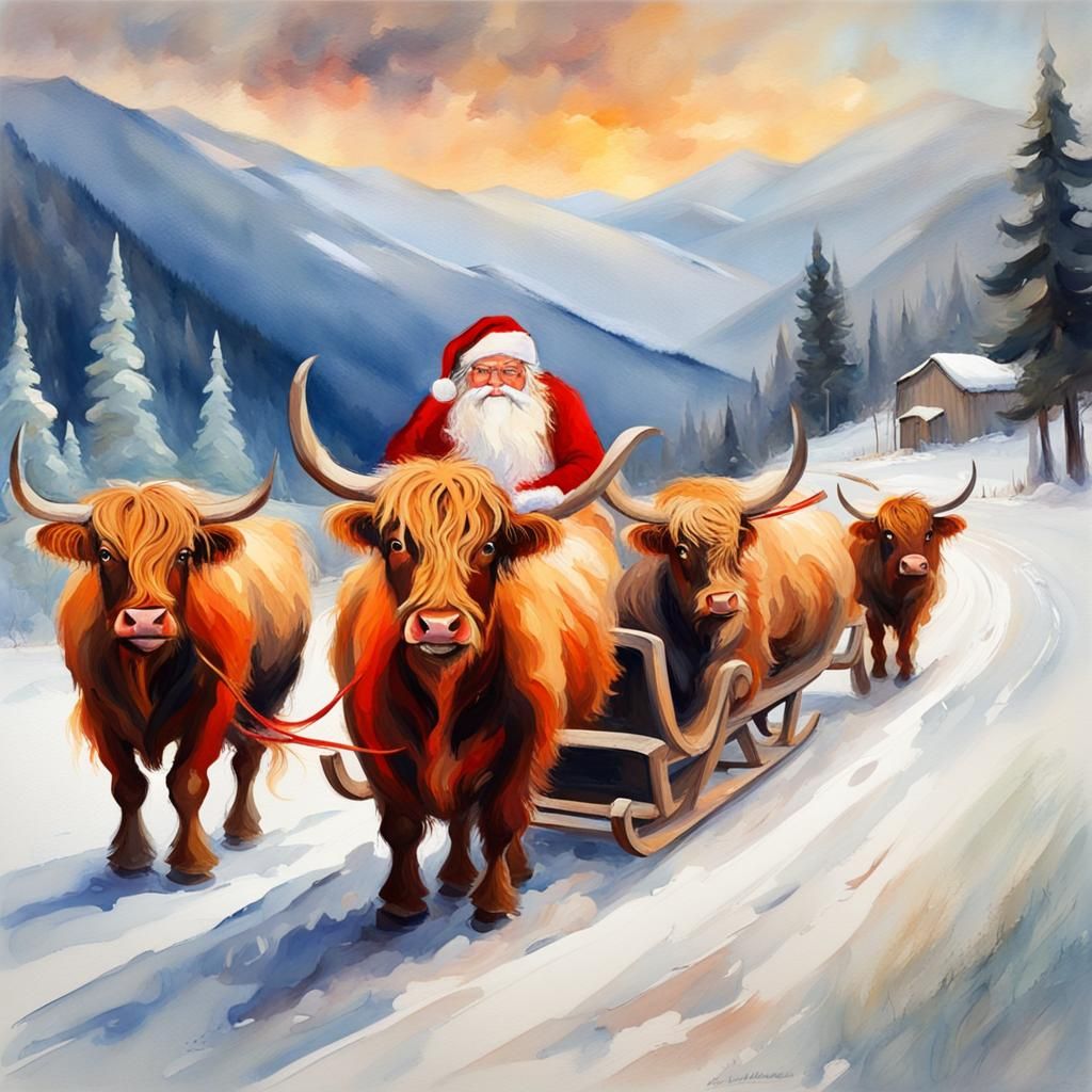 Santa's Sleigh Pulled by Highland Cows as Gouache Painting