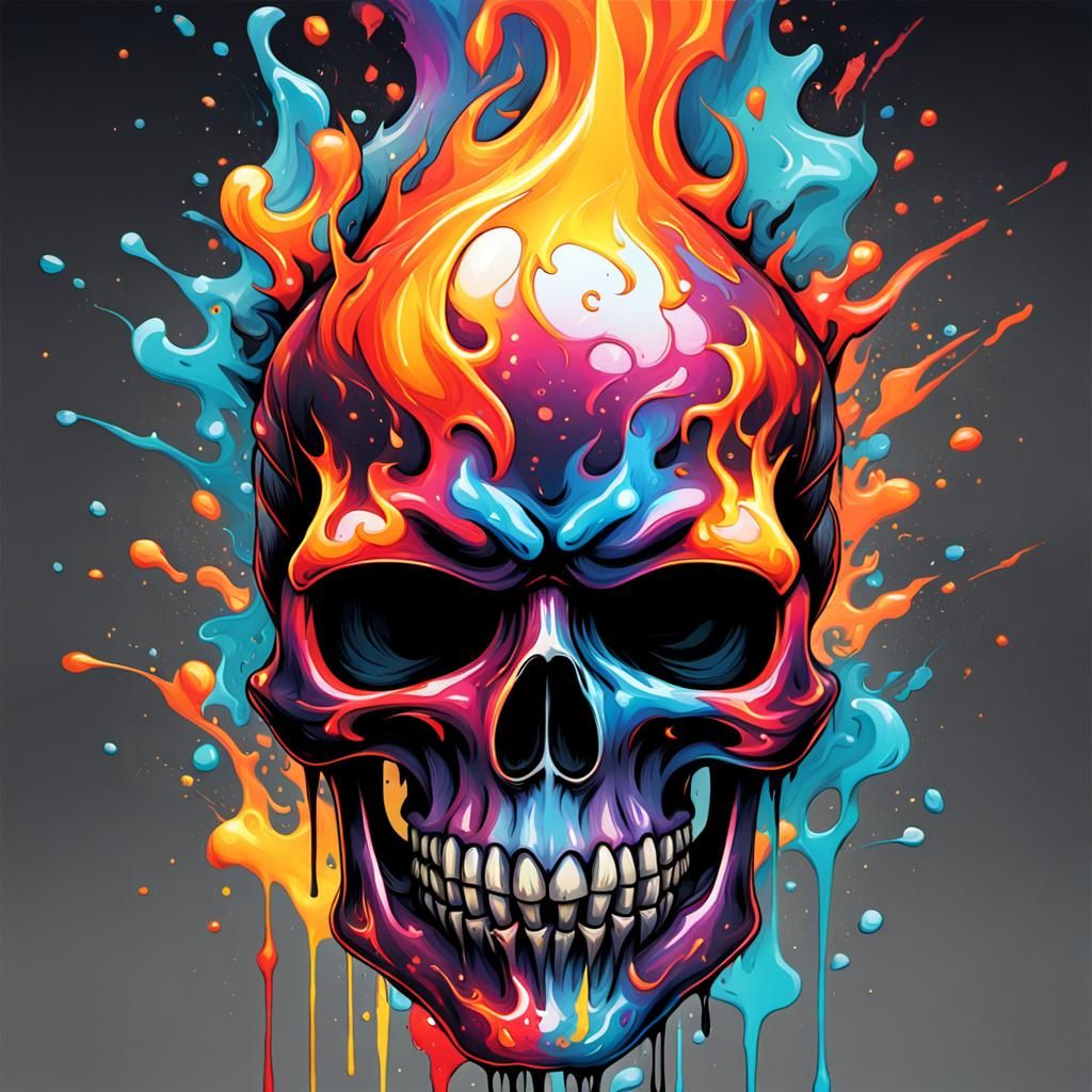 Vibrant Metal Skull Engulfed in Colorful Flames