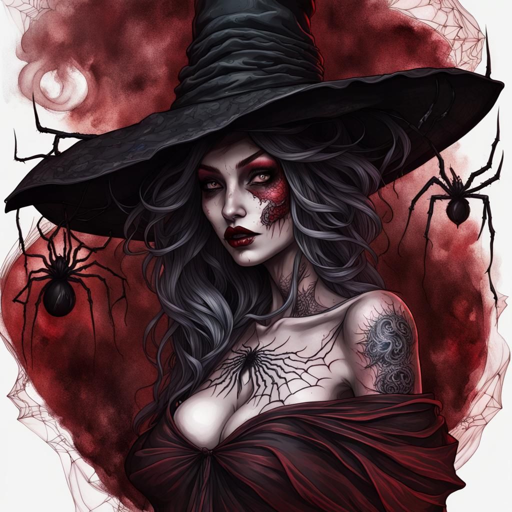 Spider Goddess Witch with Spider Tattoos, Dark Fantasy Art