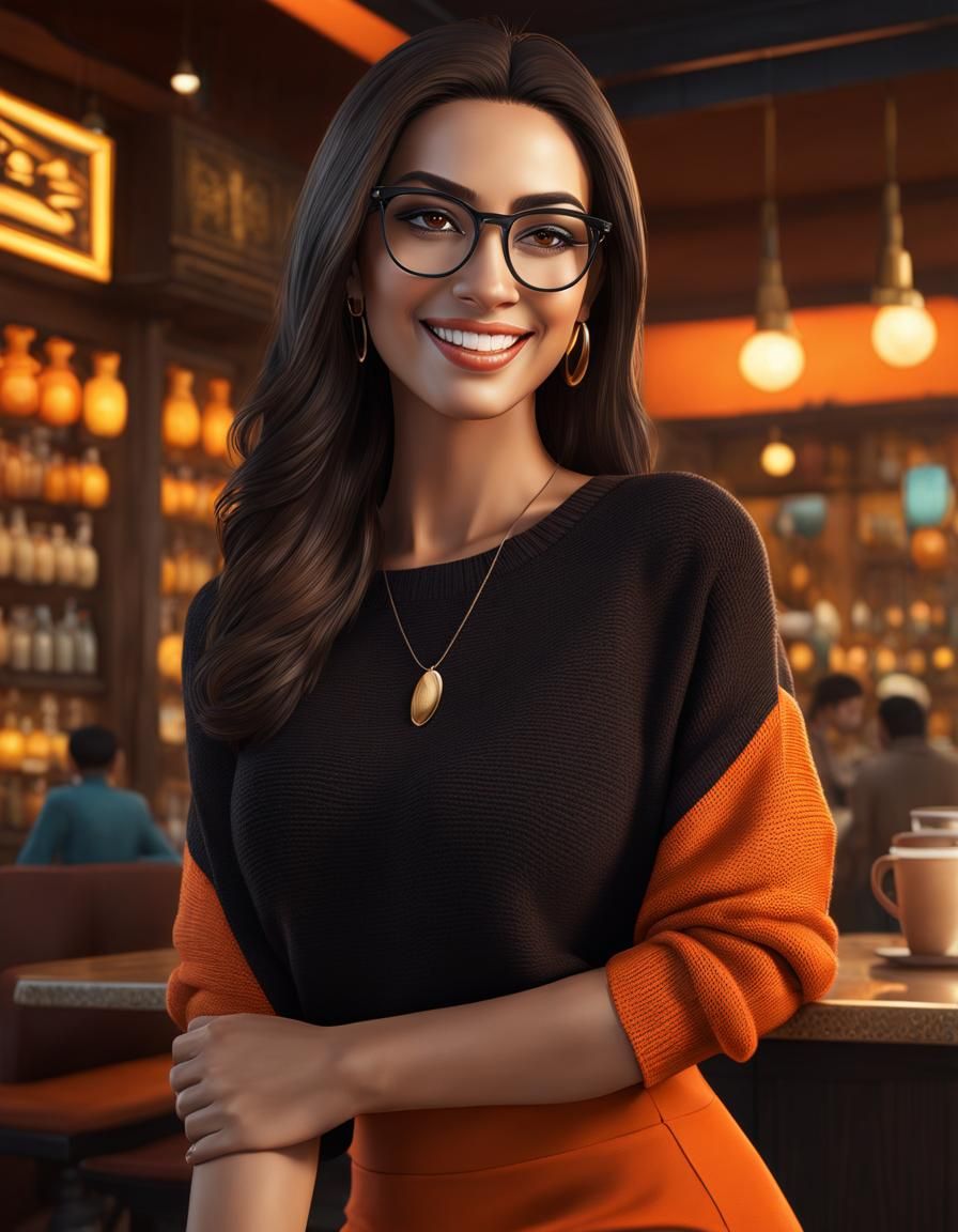 Hyperrealistic Egyptian Woman Smiling in Cafe at Night