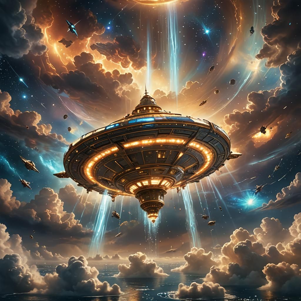 Glowing Spaceship Amidst Space Storm