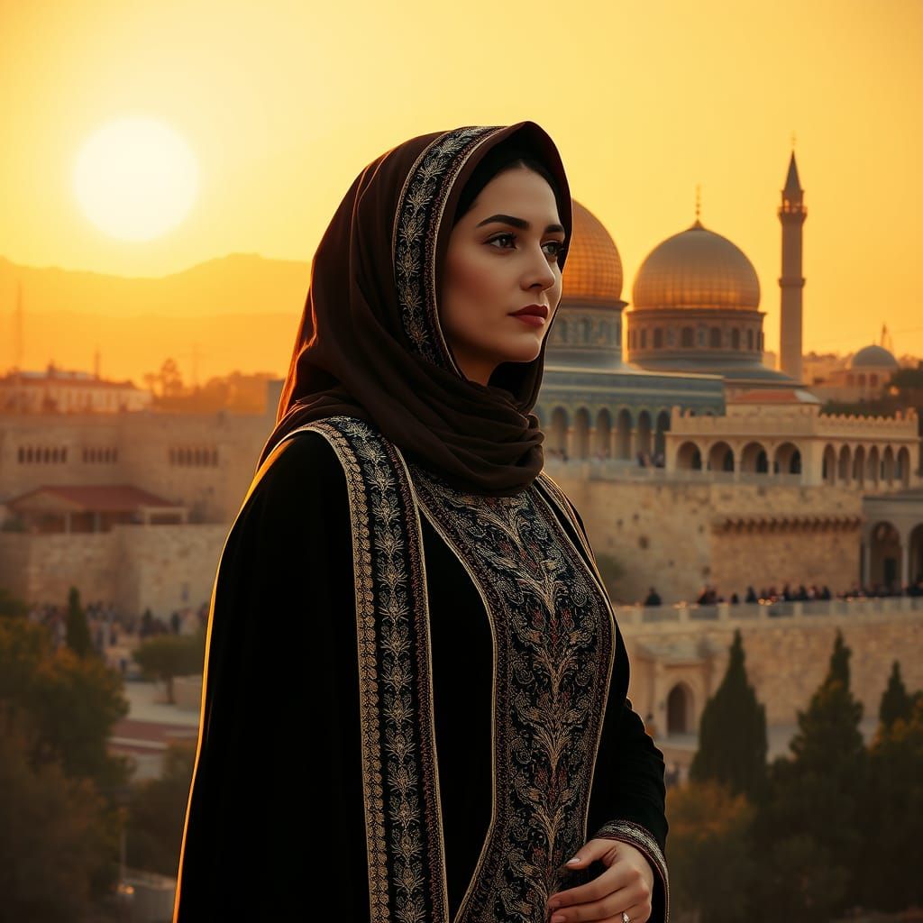 Palestinian Woman in Traditional Embroidery and Jerusalem Ar...
