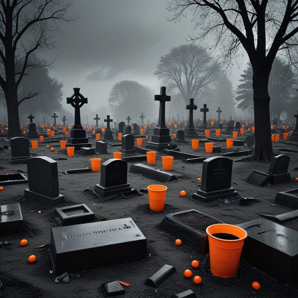 Eerie Graveyard with Candy Buckets and Open Graves