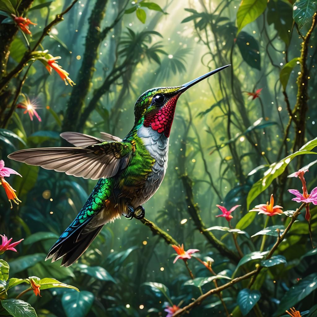 Hummingbird in Enchanted Rainforest: Detailed Oil Painting