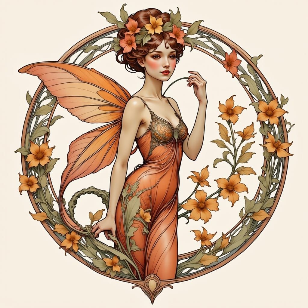 Art Nouveau Autumn Fairy in Circular Frame