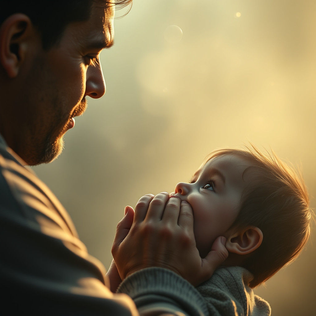 Father and Child Share Intimate Moment in Misty Light