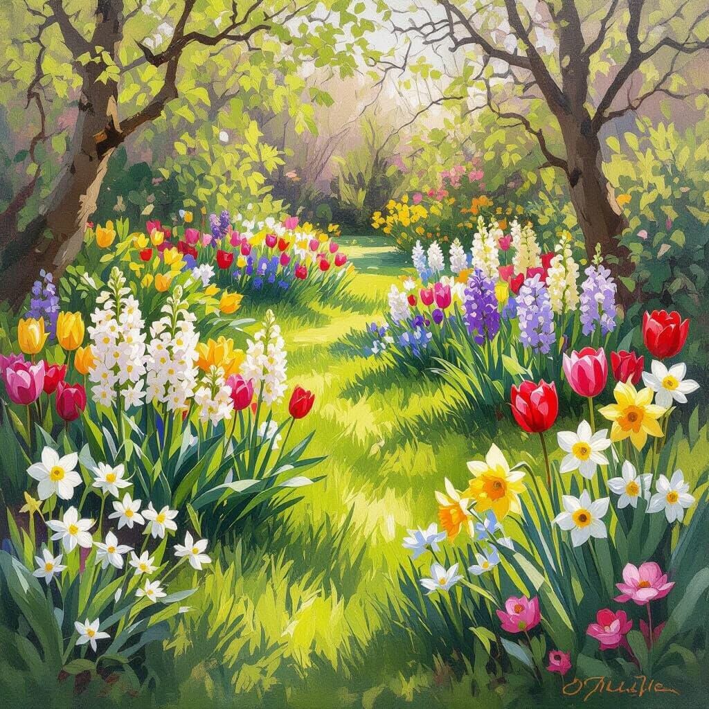 Vibrant Spring Garden in Impressionistic Oil Painting Style