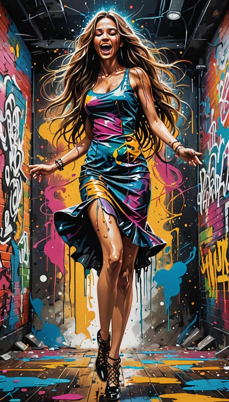 a long haired glamour female tight fit dress dancing in a cl...