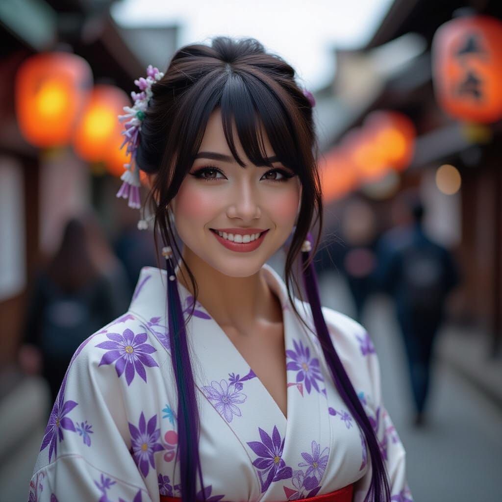 Woman in Kimono at Japanese Festival in HDR