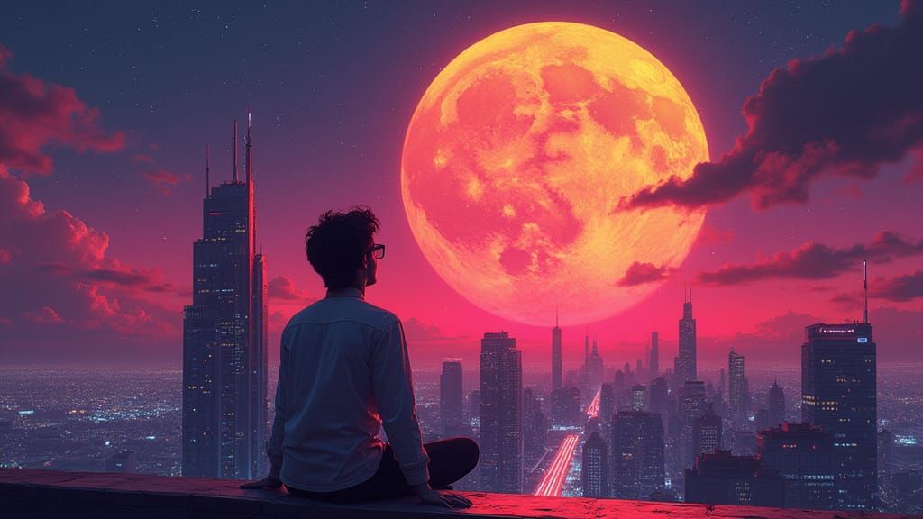 Synthwave Pizza Moon Gazing at Dusk