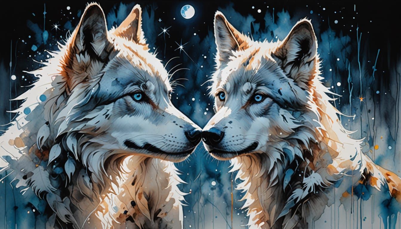 Heartwarming Wolf Family Under Starry Sky in Stylized Waterc...