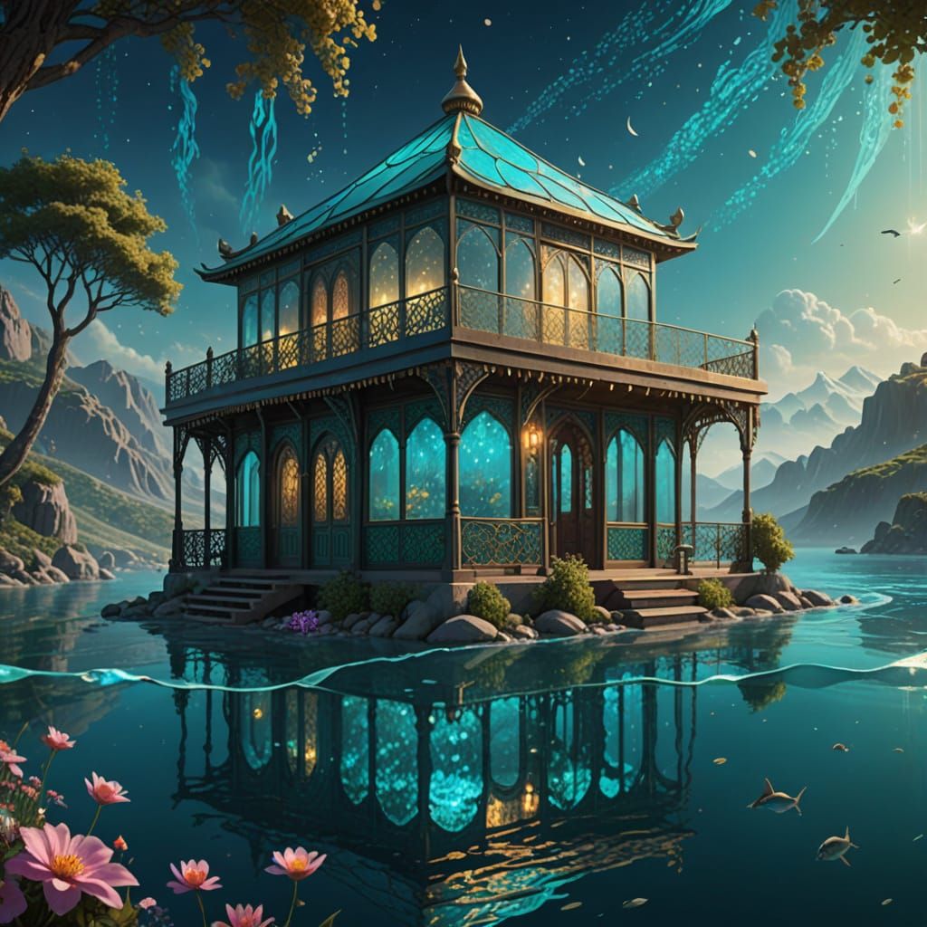 Glass Cabin on Bioluminescent Waves: A Whimsical Persian Fan...