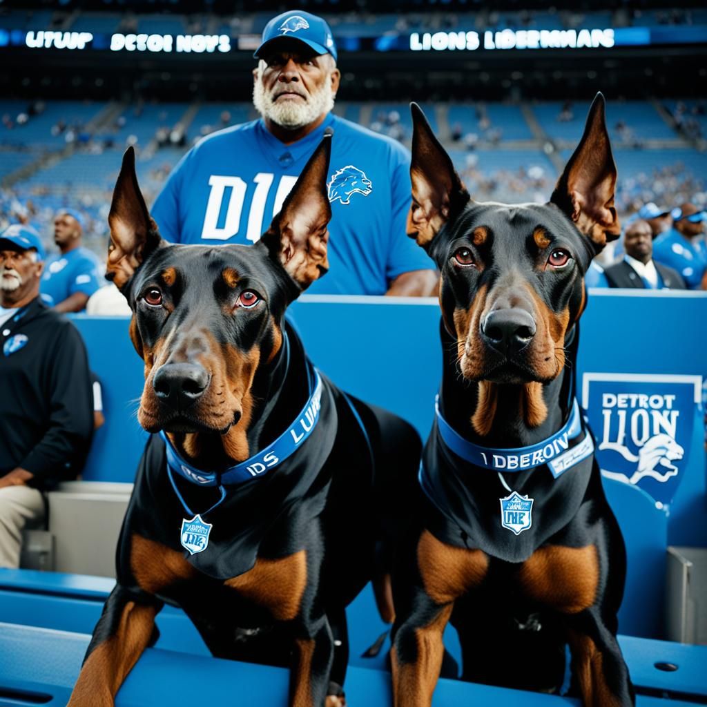 Dobermans Support Detroit Lions in Stadium Portrait