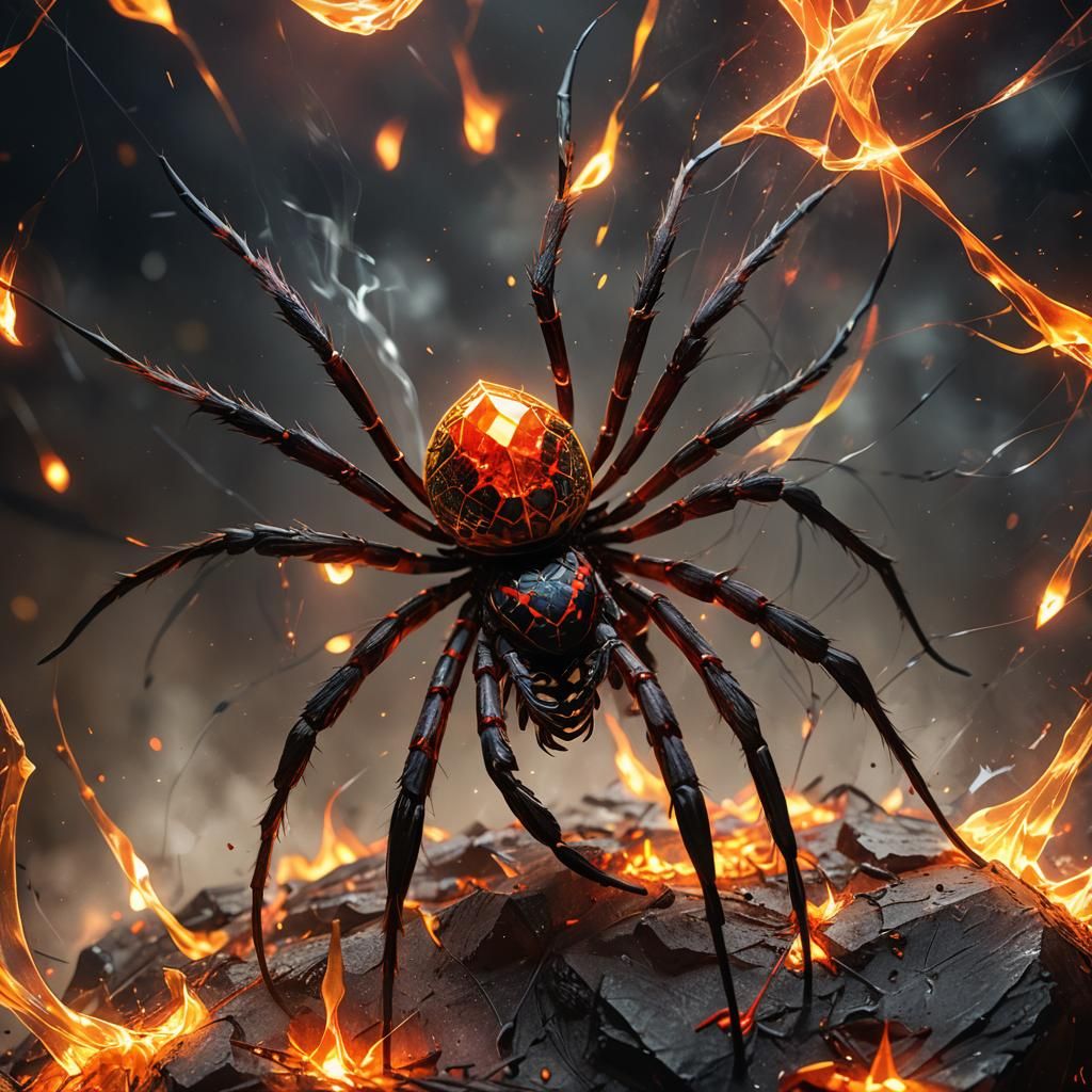 Red Diamond Spider Weaving Fire: Hyperrealistic Concept Art