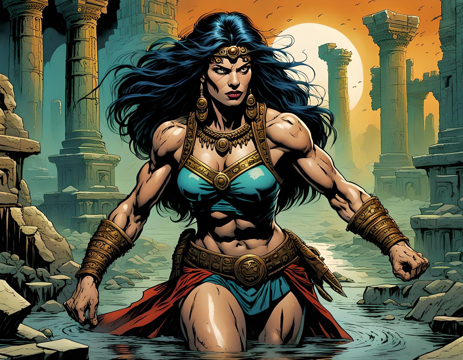 Barbarian Woman in Rocky Landscape: Comic Art
