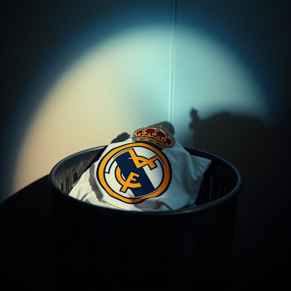 Abandoned Real Madrid Logo in a Gritty, Cinematic Trash Can