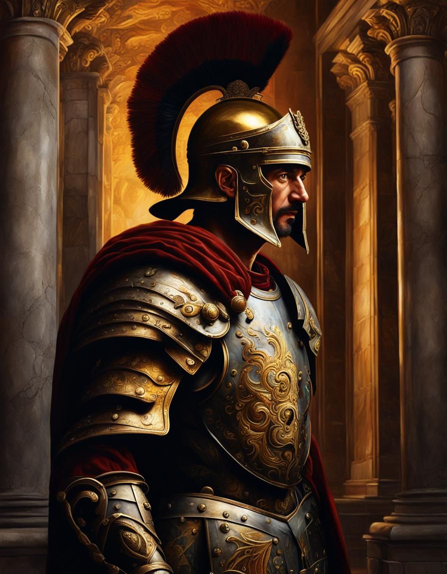 Ancient Roman Captain in Golden Armor, Masterful Classical R...