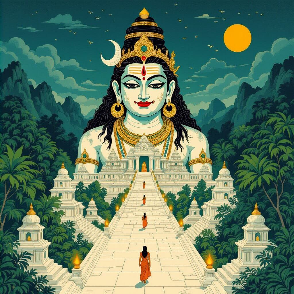 Tropical Jungle Shiva Temple in Byzantine Woodblock Style