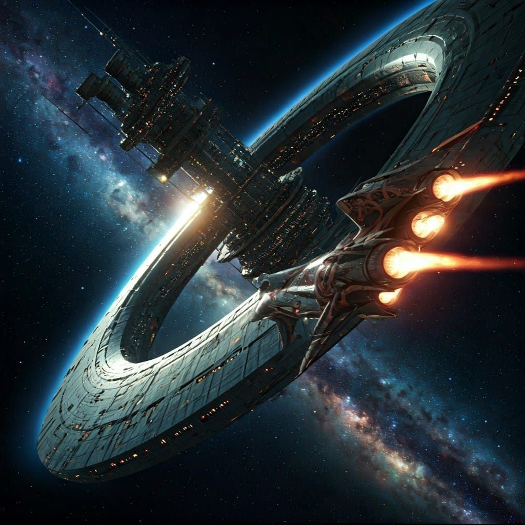 Privateer Spacecraft Approaches a Majestic, Ring-Shaped Spac...