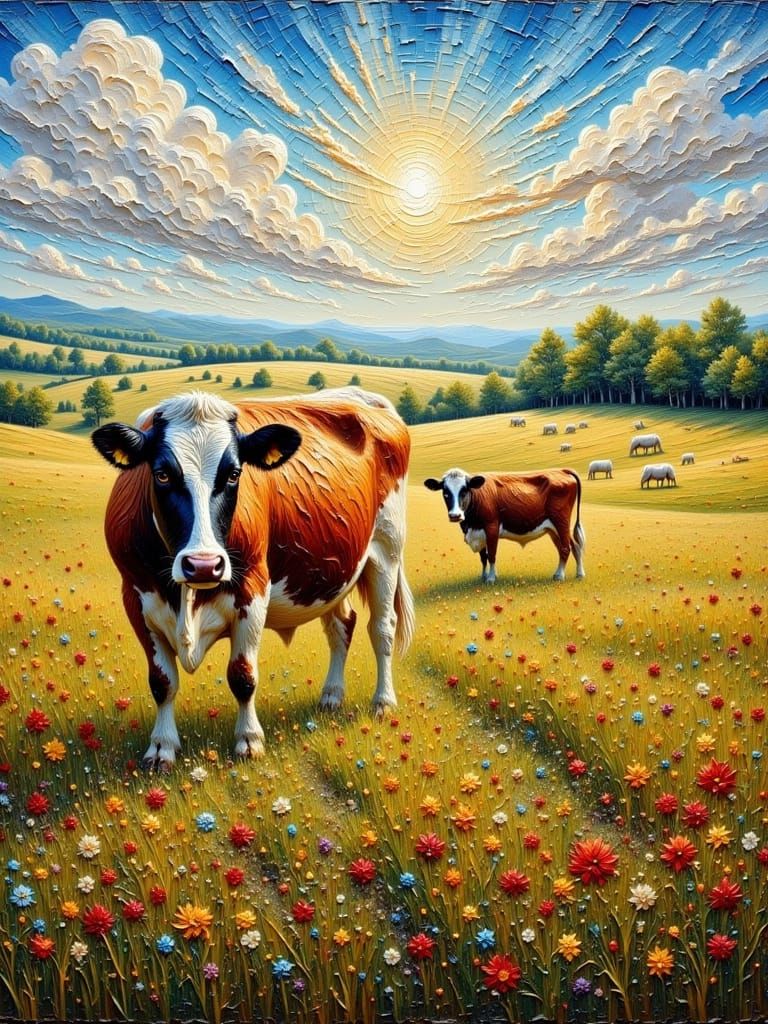 Vibrant Impasto Painting of Cows in a Lush Pasture