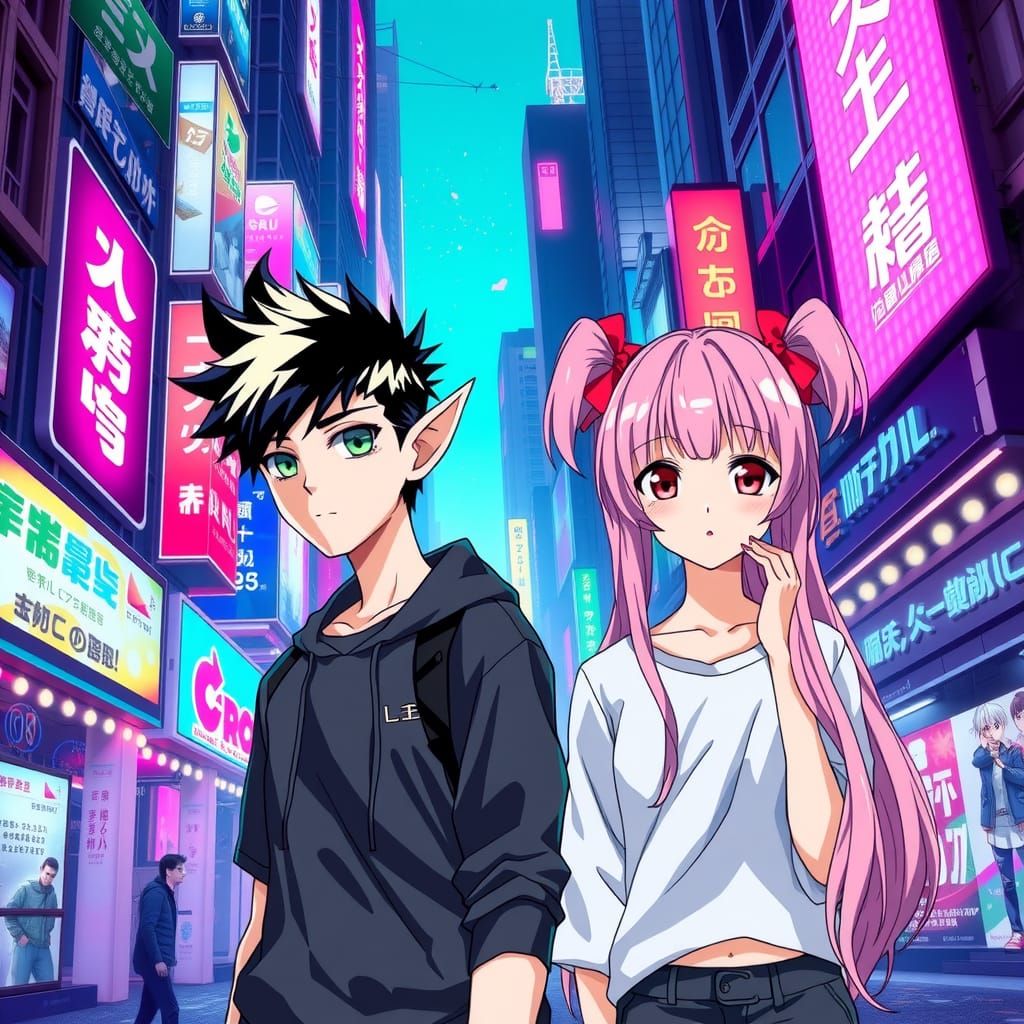 Anime Teens in Cyberpunk Cityscape, Marker Illustration