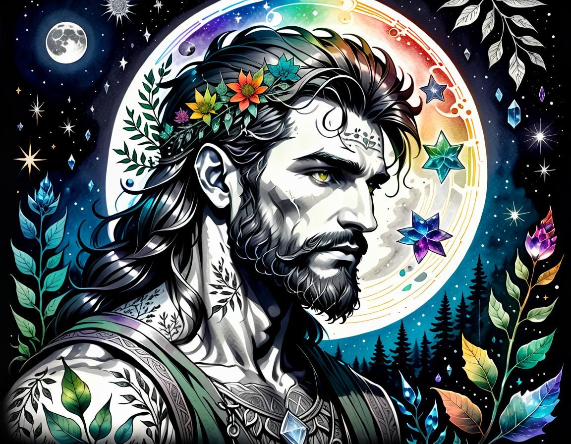 Botanical Ink Drawings with Druid, Moon and Stars