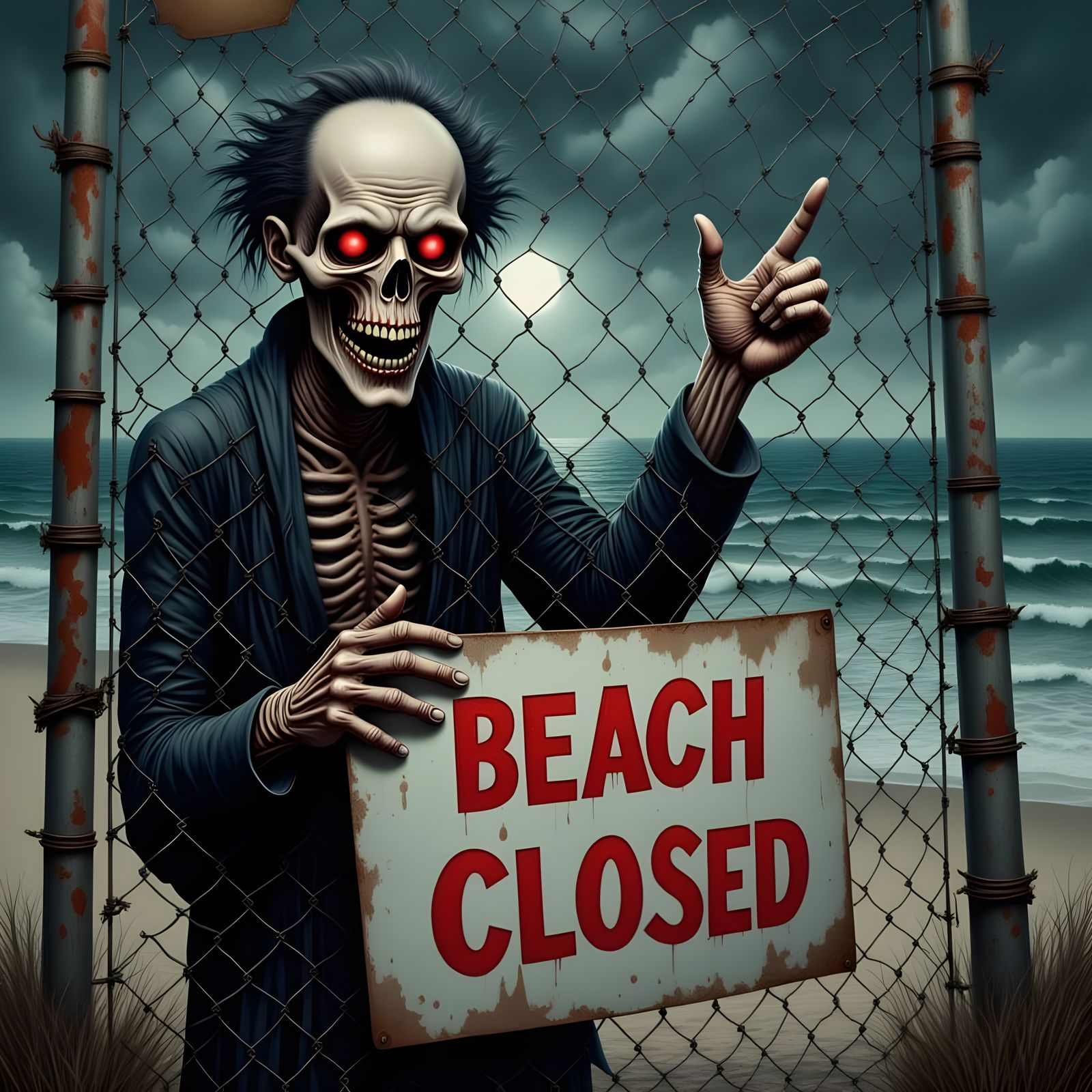 Ghoul Behind Beach Closed Sign in Gothic Style
