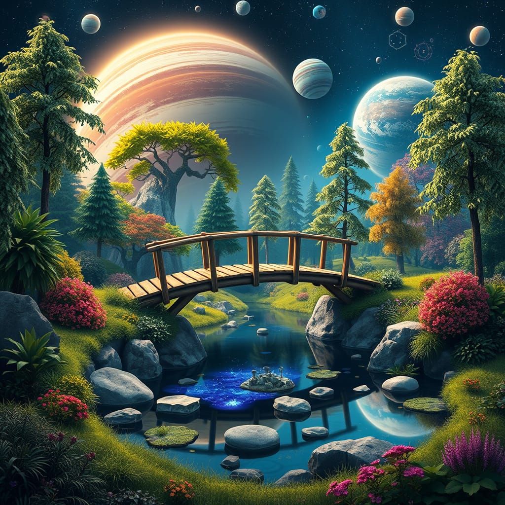 Celestial Forest Bridge in Vibrant Colors