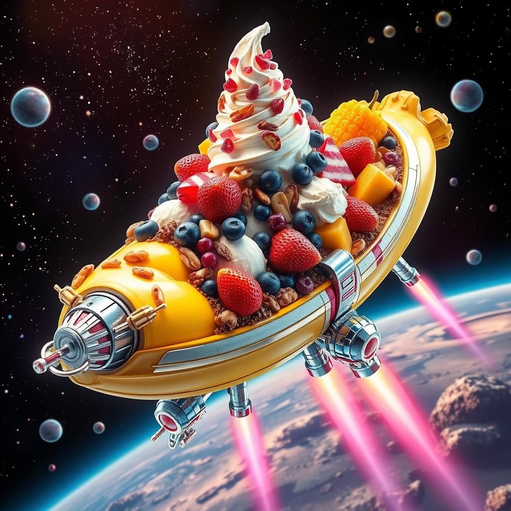 Futuristic Banana Split Spaceship with Ice Cream Fuel