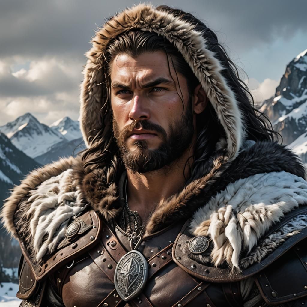 Viking Barbarian in Winter Landscape, Hyperdetailed Portrait