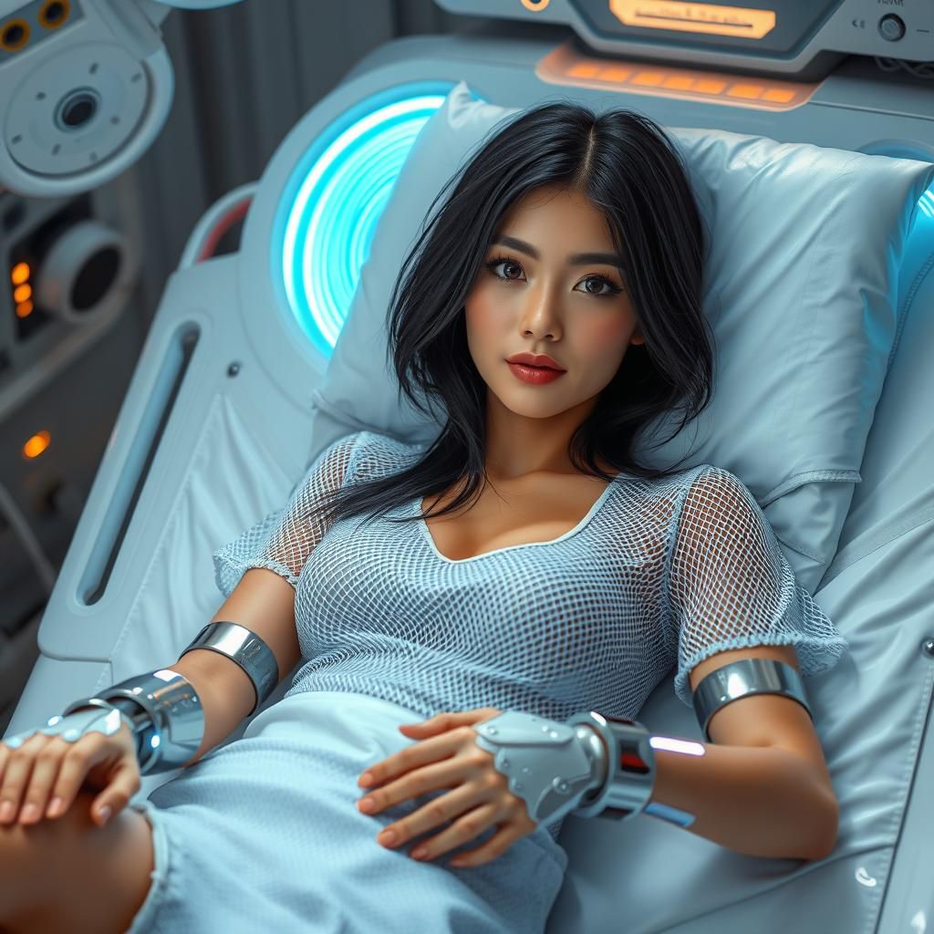 Cyberpunk Woman on Surgical Bed with Robotic Arms