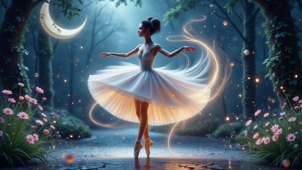 Ballet Dancer on Moonlit Stage in Enchanted Forest