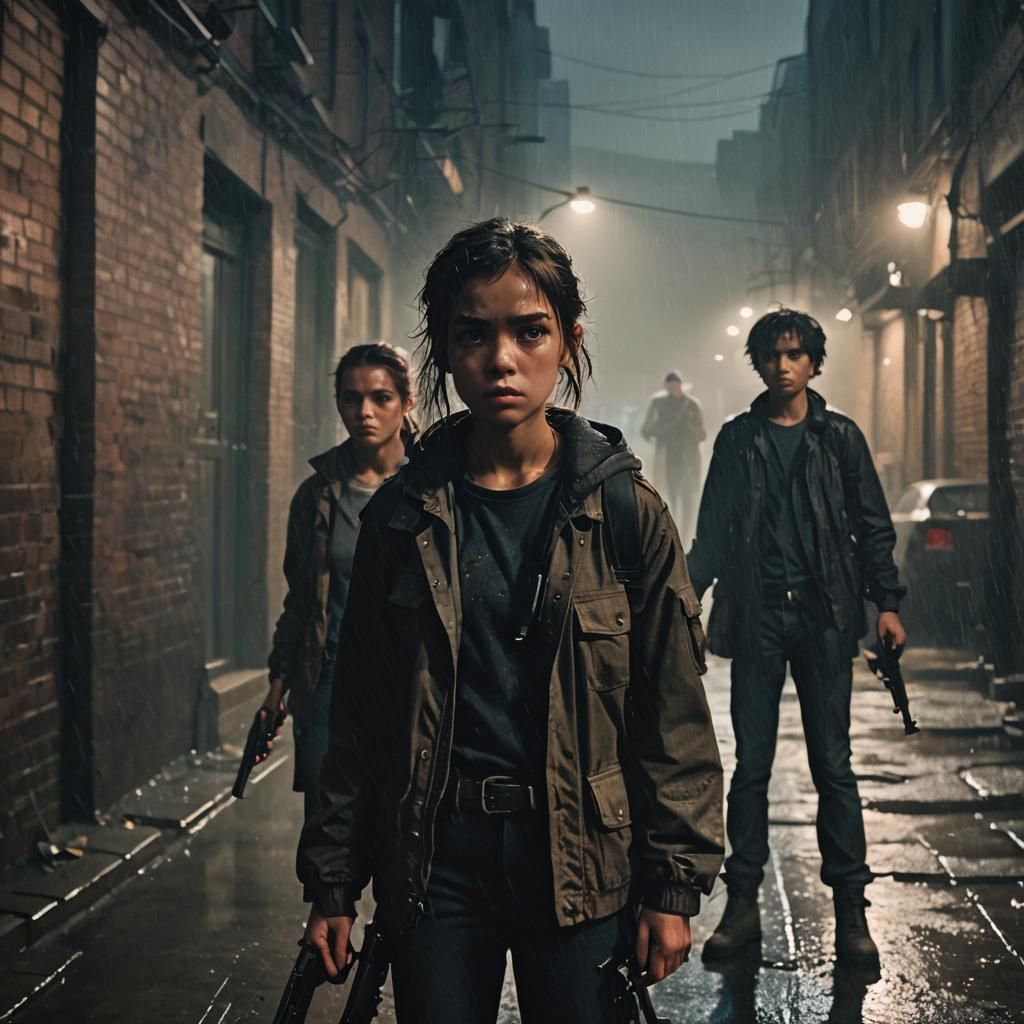 Boy and Girl with Guns in Dark Alleyway