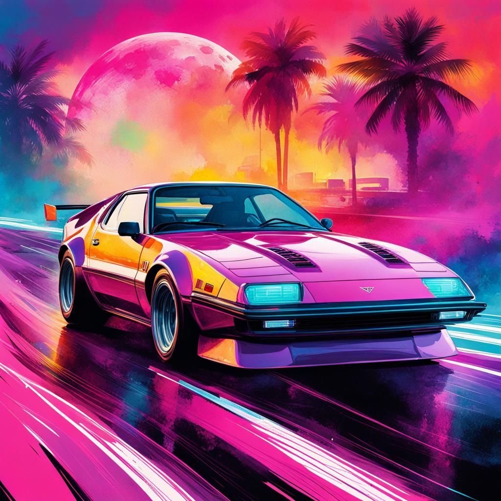 Retrowave Car on Racetrack in Double Exposure Splash Art