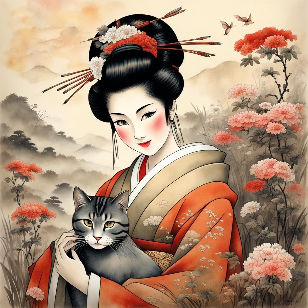 Geisha Girl with Cat in Muted Chinese Ink Painting