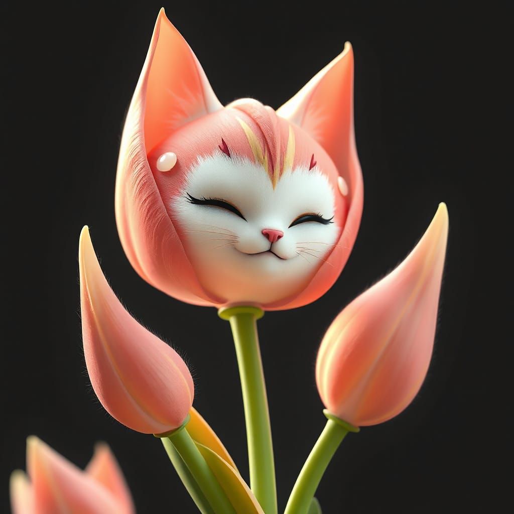 Whimsical Tulip Cat Hybrid in 3D Anime Art
