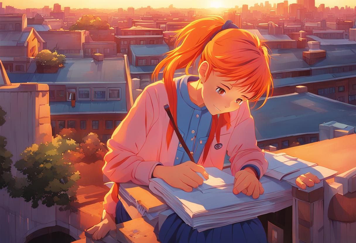 Anime Girl on Rooftop at Sunset in Cel-Shaded Style