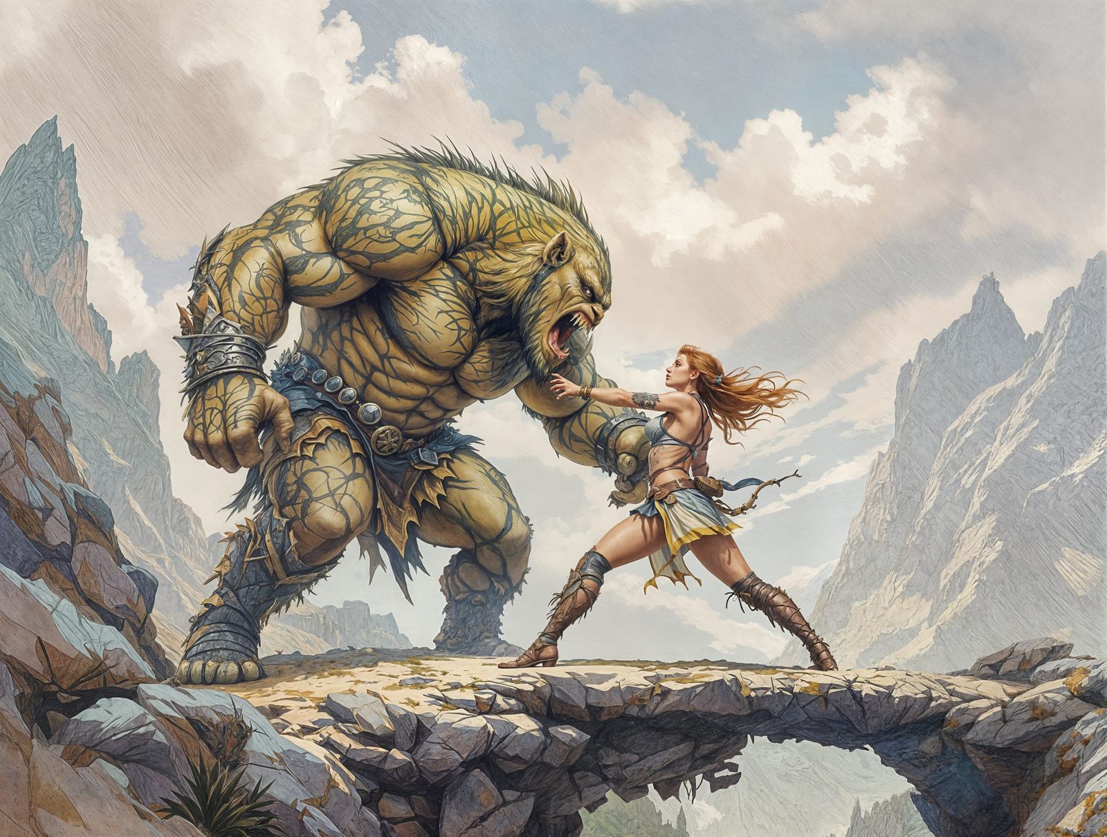 Surreal Fantasy Maiden Battles Ogre in Vast Mountain Landsca...