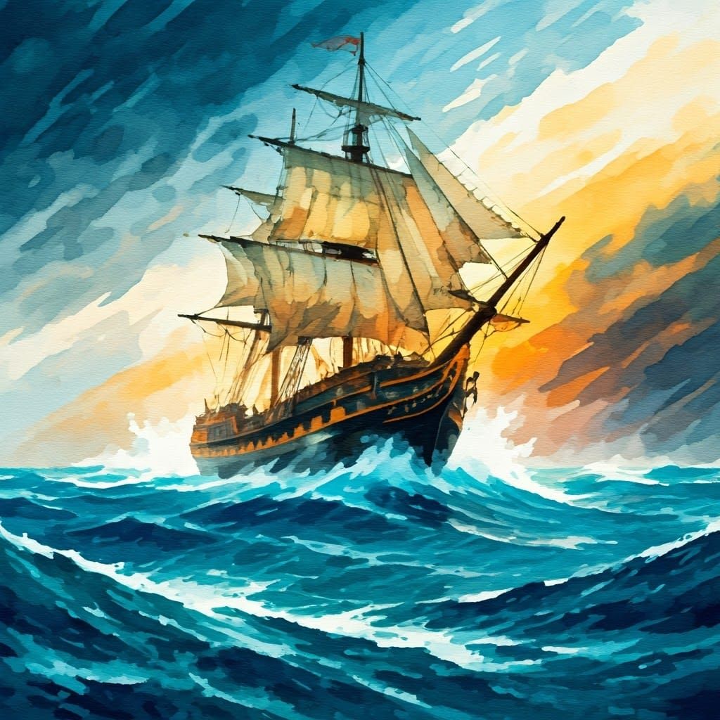 Majestic Ship Battles Turbulent Sea in a Stormy Watercolor M...