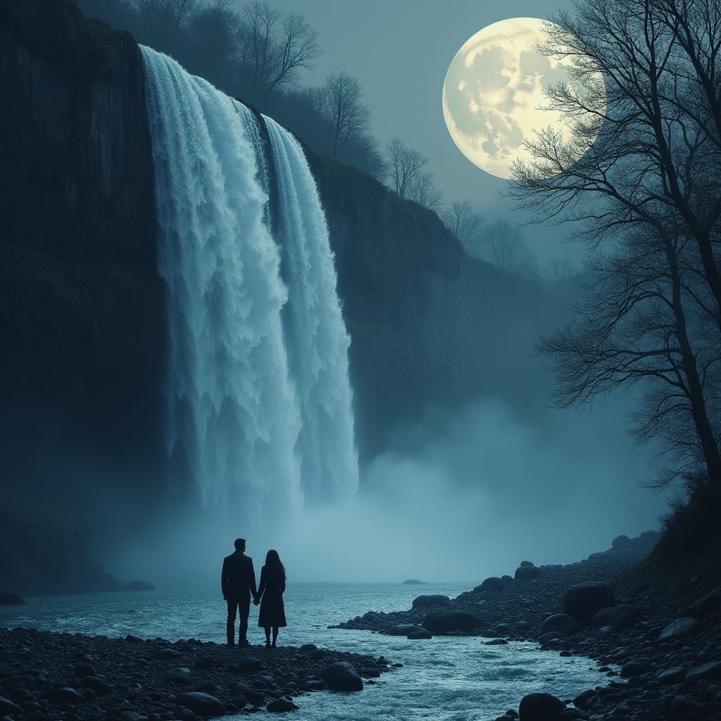 Romantic Waterfall Moment Under the Moonlit Night