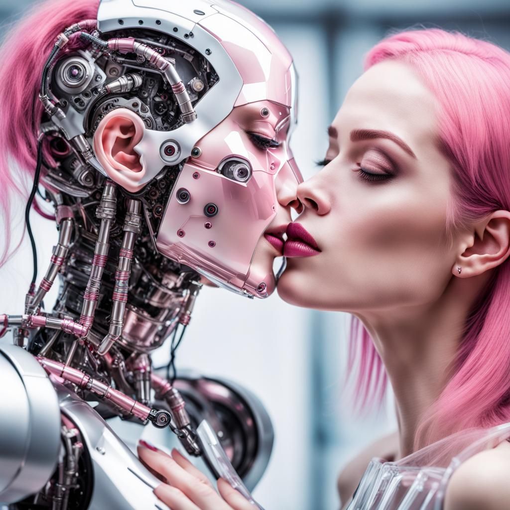 Woman Kisses Robot in Cyberpunk Sunset Photography