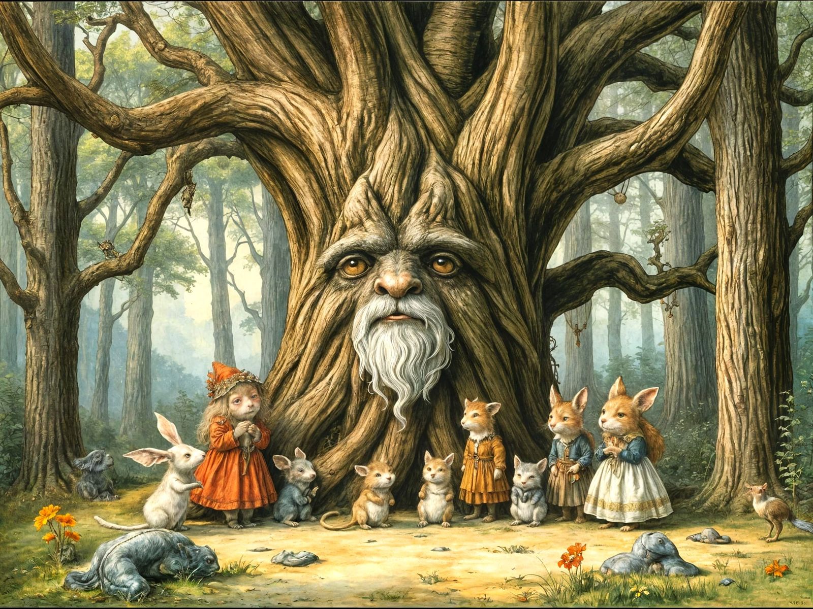 Enchanted Forest Scene with Wise Old Tree
