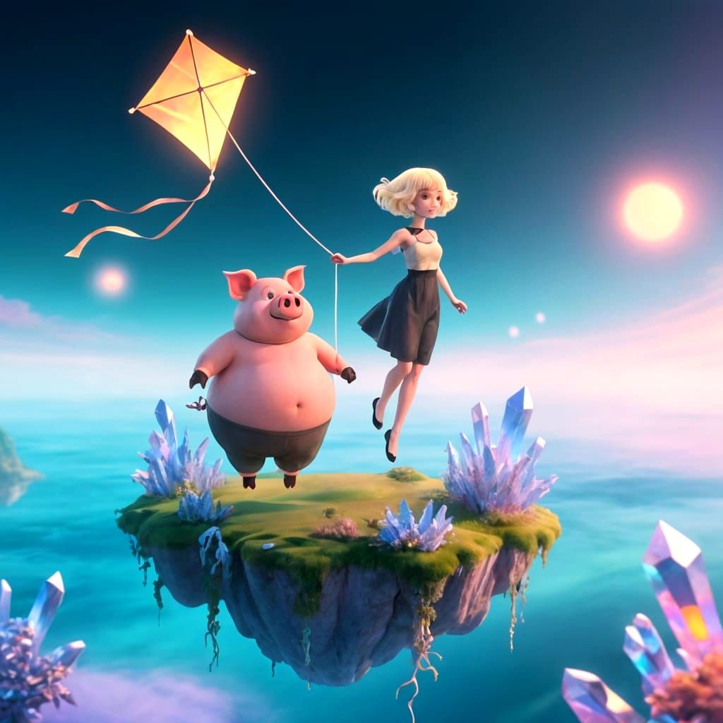Surreal Pig Man and Lady on Floating Island